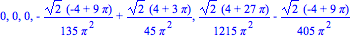 0, 0, 0, -1/135*2^(1/2)*(-4+9*Pi)/Pi^2+1/45*2^(1/2)*(4+3*Pi)/Pi^2, 1/1215*2^(1/2)*(4+27*Pi)/Pi^2-1/405*2^(1/2)*(-4+9*Pi)/Pi^2