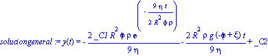 soluciongeneral := y(t) = -2/9*_C1*R^2*phi*rho*exp(-9/2*eta*t/(R^2*phi*rho))/eta-2/9*R^2*rho*g*(-phi+xi)*t/eta+_C2