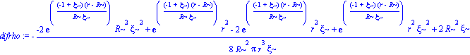 difrho := -1/8*(-2*exp((-1+xi)*(r-R)/(R*xi))*R^2*xi^2+exp((-1+xi)*(r-R)/(R*xi))*r^2-2*exp((-1+xi)*(r-R)/(R*xi))*r^2*xi+exp((-1+xi)*(r-R)/(R*xi))*r^2*xi^2+2*R^2*xi)/(R^2*Pi*r^3*xi)