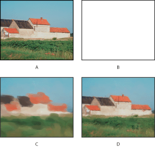 Ilustracin de ejemplo del uso de la herramienta pincel histrico: A. Original B. Relleno blanco C. Pincel grande D. Pincel pequeo