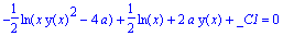 -1/2*ln(x*y(x)^2-4*a)+1/2*ln(x)+2*a*y(x)+_C1 = 0