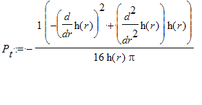 P[t] := -1/16*(-diff(h(r),r)^2+diff(h(r),`$`(r,2))*h(r))/h(r)/pi