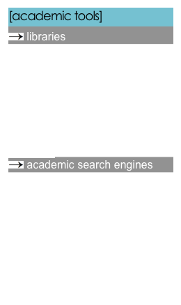 [academic tools]

￼ libraries
british library 
digital public library of america
internet archive
internet public library
library of congress
open library
project gutenberg
serbiula
worldcat
￼ academic search engines
base
directory of open access journals
education resources information center
genesis
google scholar
intwine
refseek
search team
social science research network